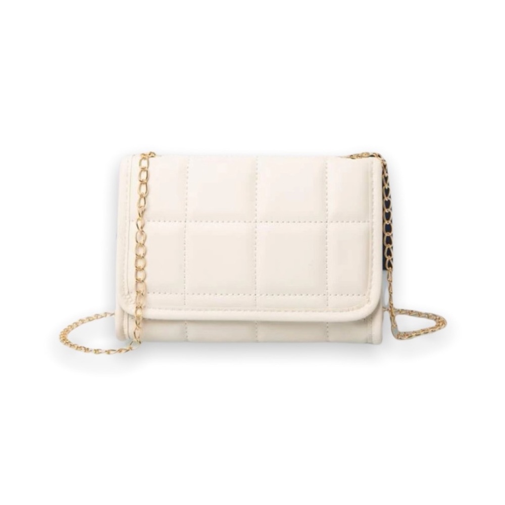 New Boho Plaid Quilted Cream Beige Faux Leather Flap Chain Square Crossbody Bag - Picture 2 of 16